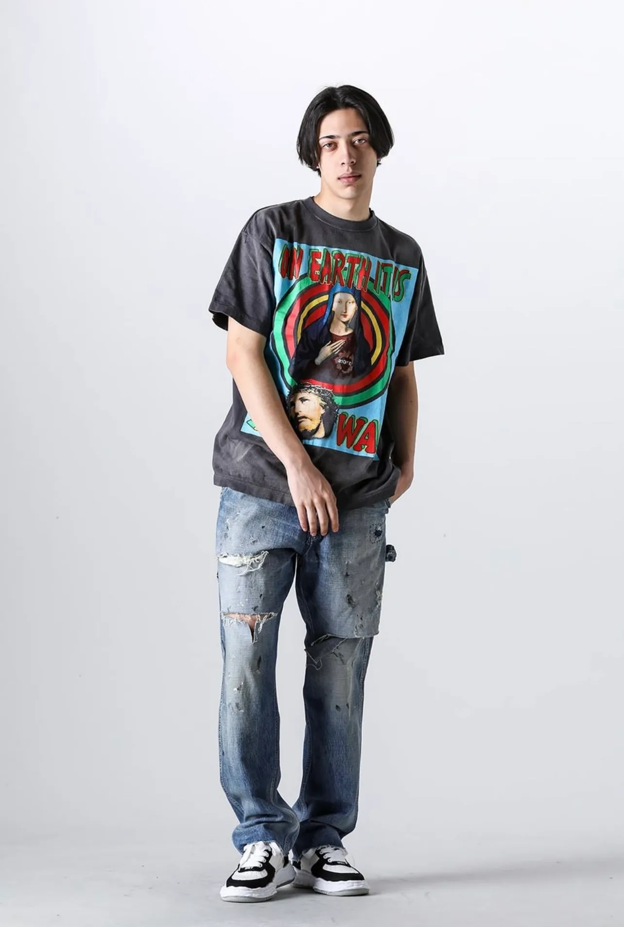SAINT MICHAEL SS TEE/ON EARTH/BLK Jesus, Mary, Holy Infant Earth TEE Ready-to-wear Assut special piece dyeing, washed and distressed Vintage process, front and rear super complex super large printing, top purchasing agent technology